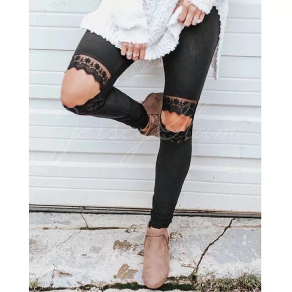 Pants - CLEARANCE Black Faux Suede Lace Cut Out Knee Leggings